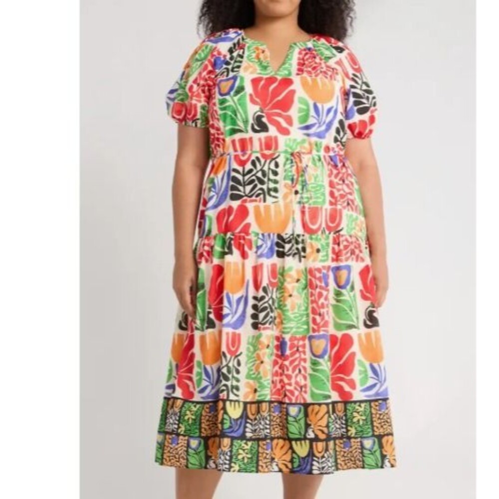 Julia Jordans Printed V-Neck Puff-Sleeve Midi Dress Colorful Tropical 20W NWT